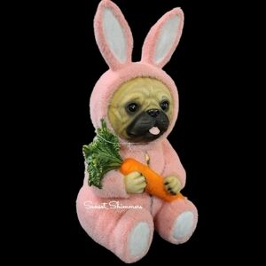 Pug Dog In Flocked Easter Bunny Rabbit Costume Figure Statue Decor New